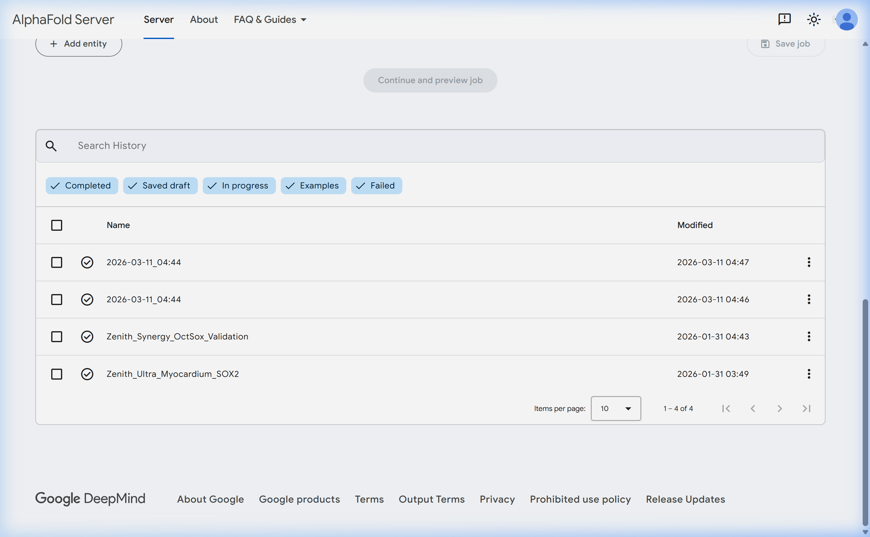 AlphaFold Job History